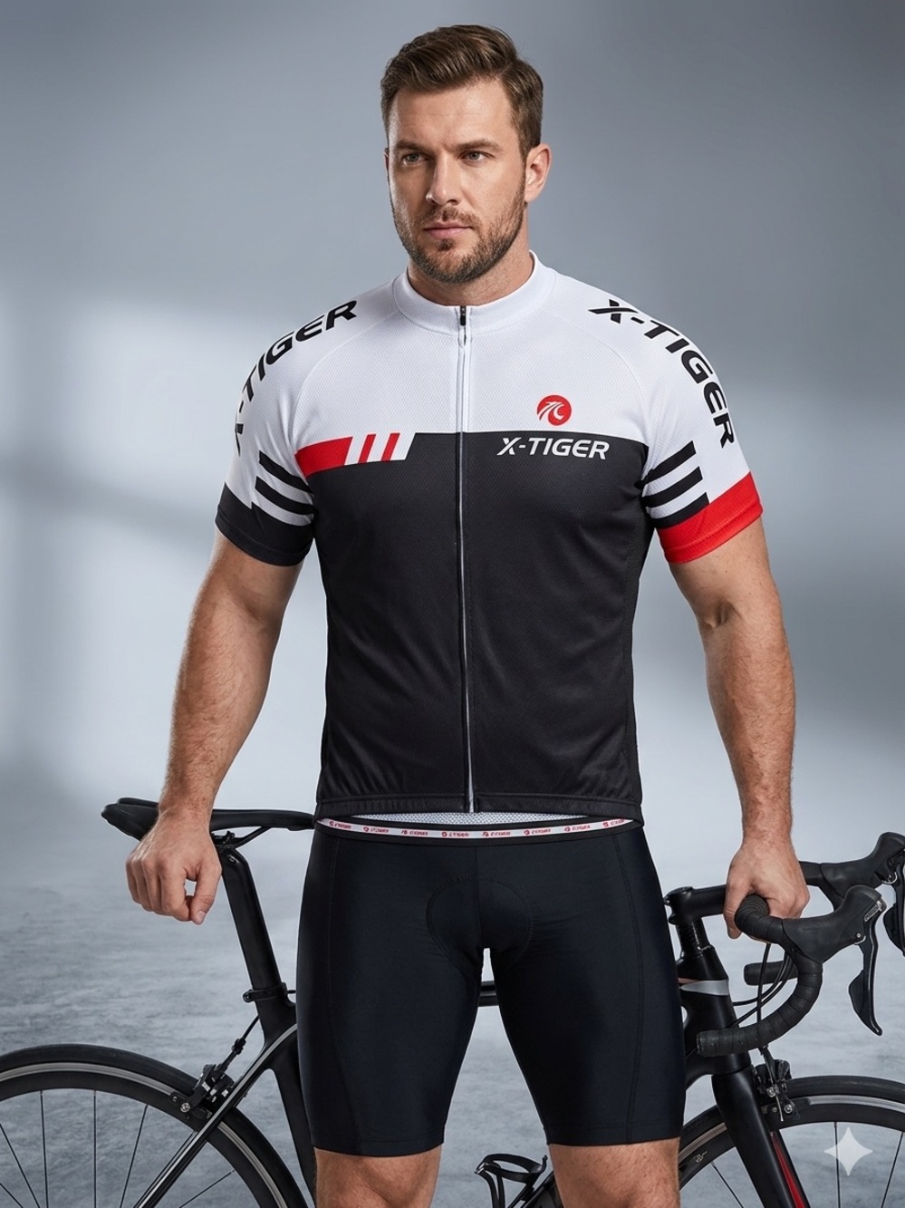 X-TIGER Men's Cycling Jersey 2XL NWT Short Sleeve Full Zip Black White Red Bike